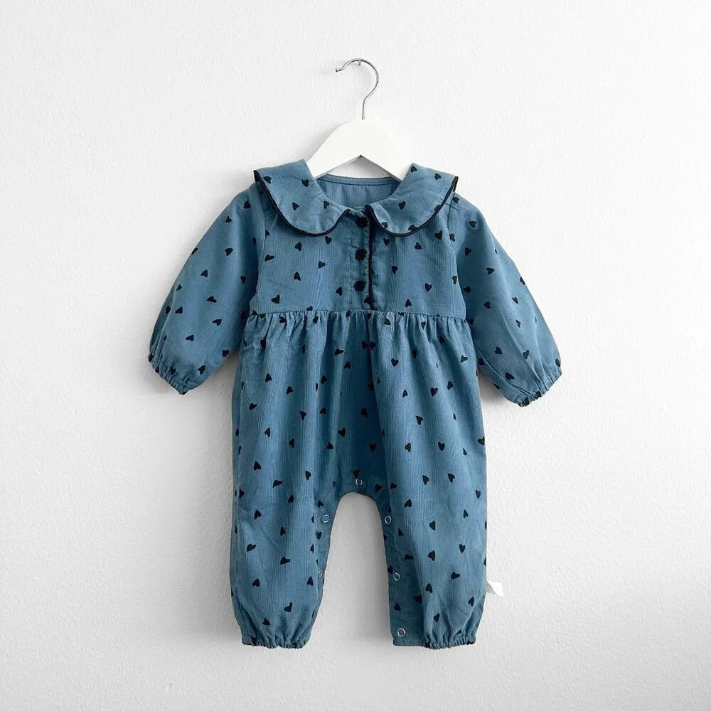 NWT Pretty Girls Long Sleeve One-Piece Romper Corduroy Blue /Black Hearts 9-12M - Picture 2 of 6